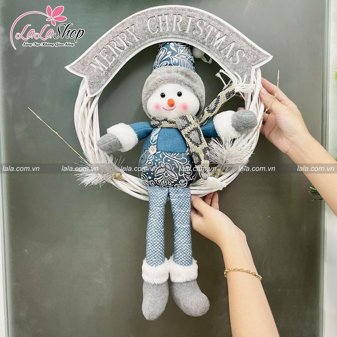 Vòng nguyệt quế người tuyết xanh trang trí noel 188