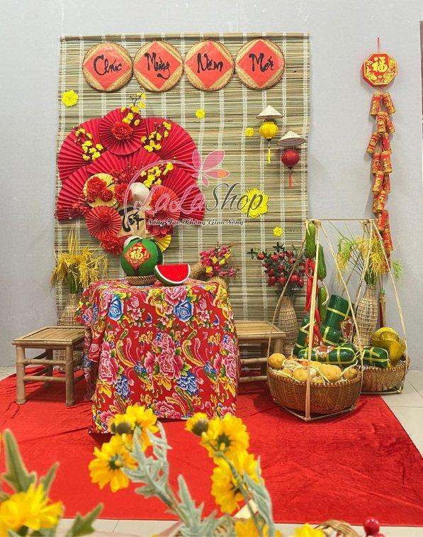 Tiểu Cảnh Mành Tre Kèm Bàn Ghế Trang Trí Tết Nguyên Đán Tài Lộc Mẫu 2