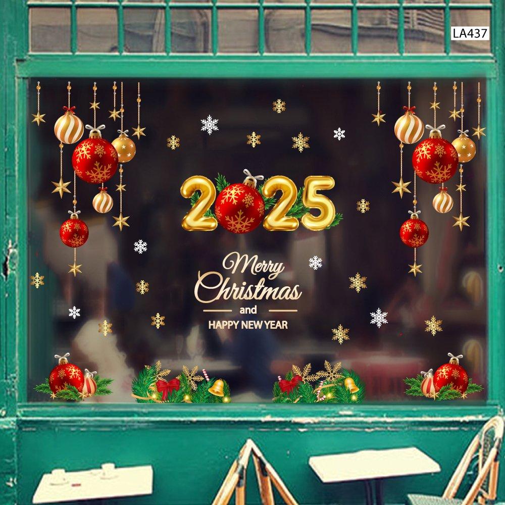 Combo Decal Trang Trí Noel Merry Christmas And Happy New Year 2025 và quả cầu may mắn