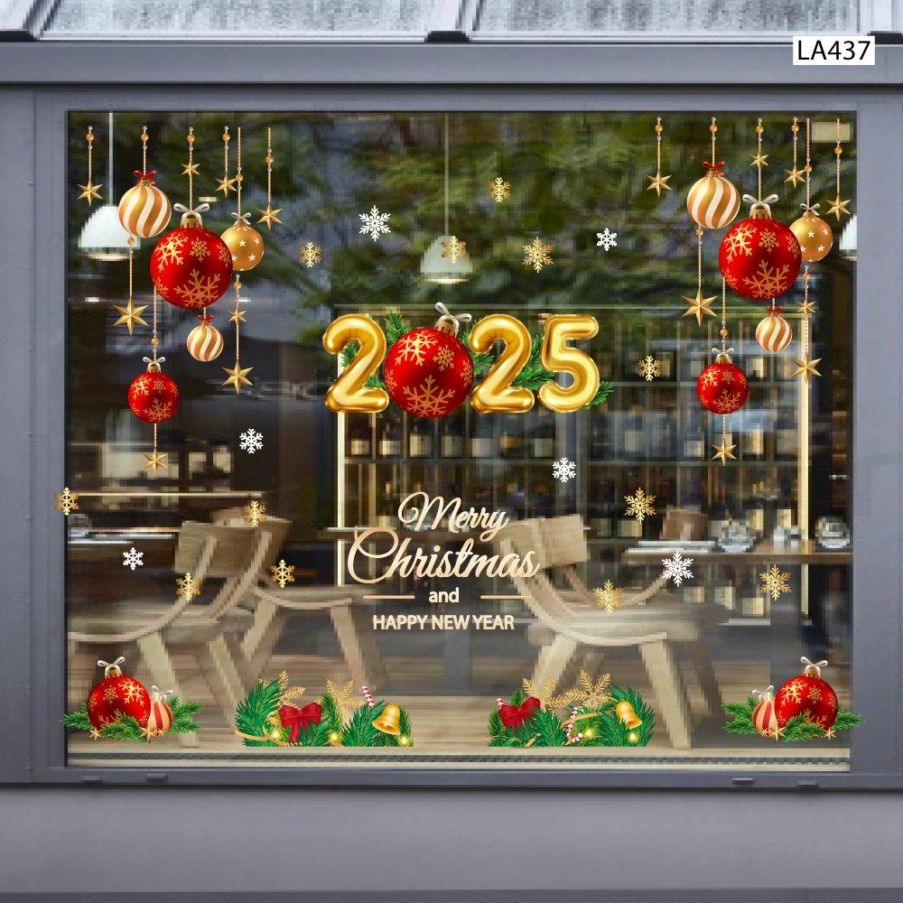Combo Decal Trang Trí Noel Merry Christmas And Happy New Year 2025 và quả cầu may mắn