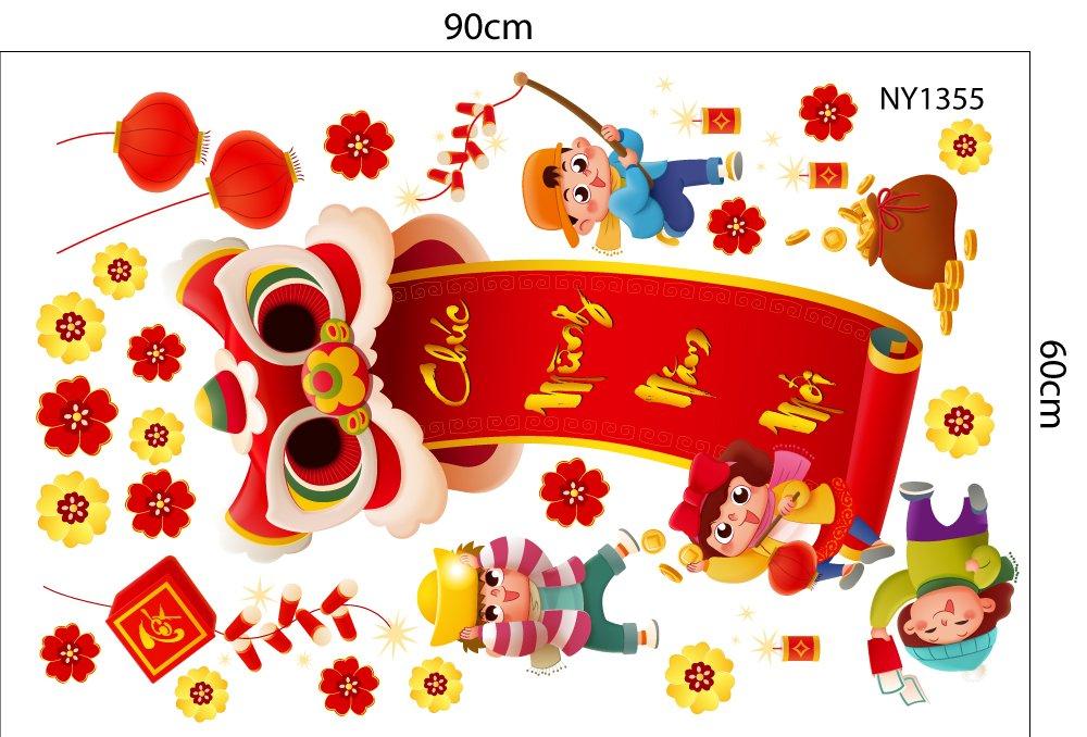 Decal trang trí tết các bé múa lân vui xuân chúc mừng năm mới