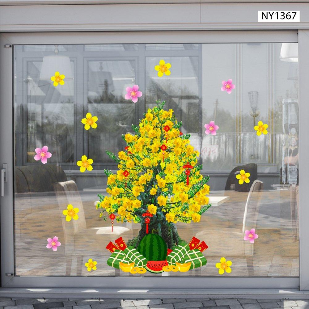 Decal trang trí tết Cây Mai Vàng Nở Rộ Và Dưa Hấu Bánh Chưng Mừng Xuân