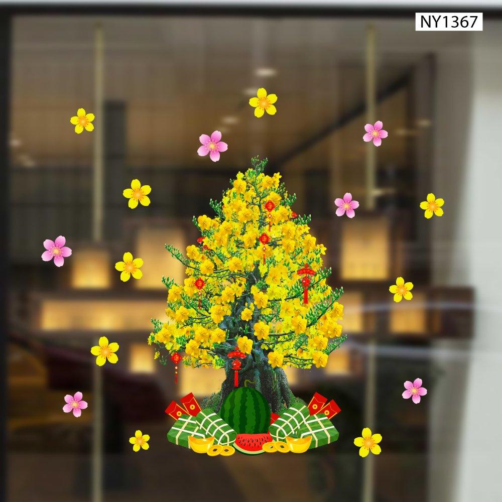 Decal trang trí tết Cây Mai Vàng Nở Rộ Và Dưa Hấu Bánh Chưng Mừng Xuân