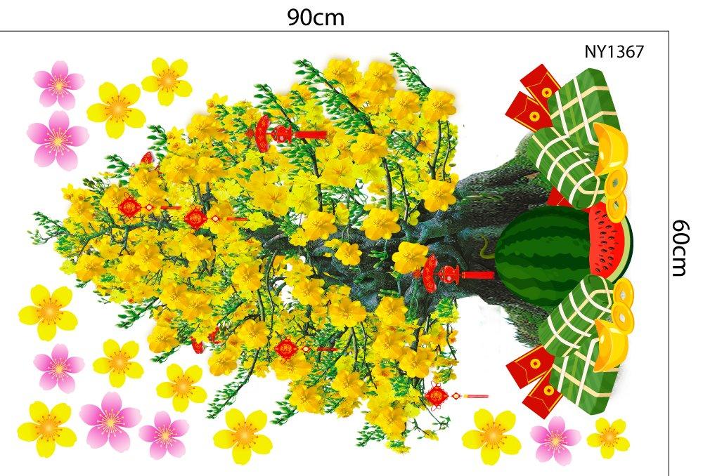 Decal trang trí tết Cây Mai Vàng Nở Rộ Và Dưa Hấu Bánh Chưng Mừng Xuân