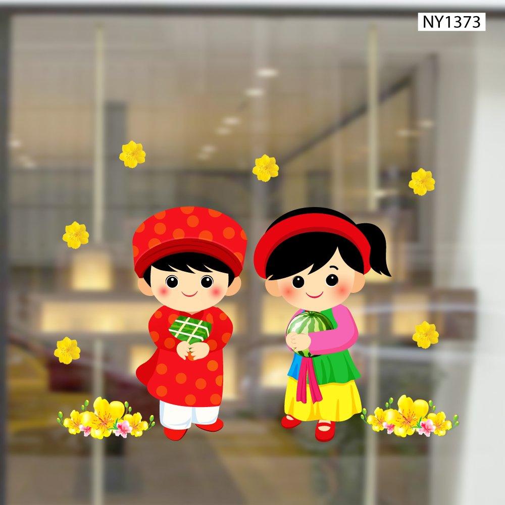 Decal trang trí tết Hai Bé Và Dưa Hấu Đỏ Bánh Chưng Xanh Hoa Mai Vàng Mừng Xuân