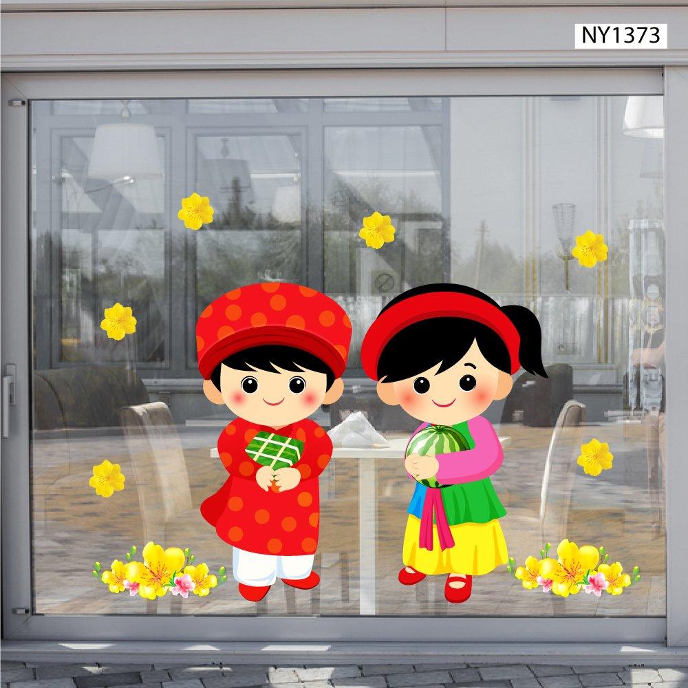 Decal trang trí tết Hai Bé Và Dưa Hấu Đỏ Bánh Chưng Xanh Hoa Mai Vàng Mừng Xuân