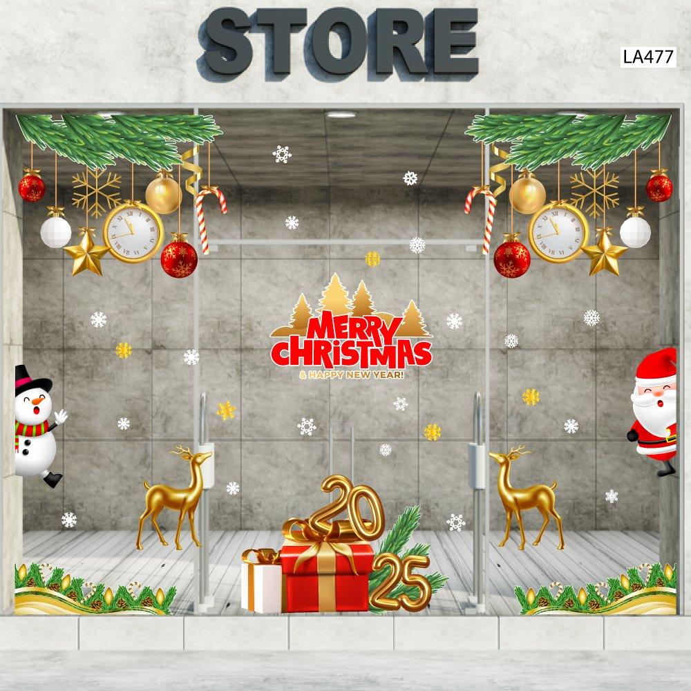 Combo Decal Trang Trí Noel Merry Chistmas Tuần Lộc Vàng Và Hộp Quà Giáng Sinh