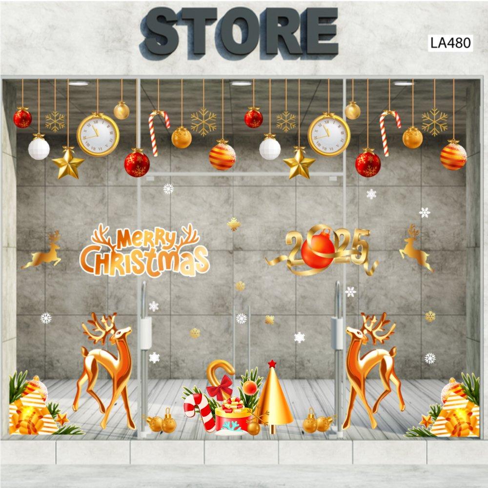 Combo Decal Trang Trí Noel Merry Chistmas Đôi Tuần Lộc Vàng Và Kẹo Giáng Sinh
