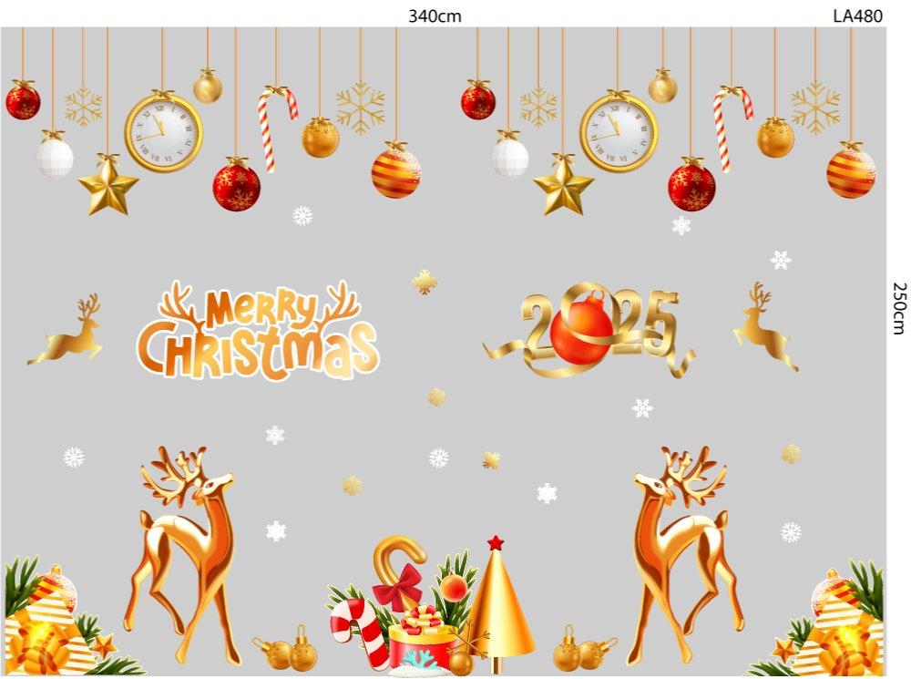 Combo Decal Trang Trí Noel Merry Chistmas Đôi Tuần Lộc Vàng Và Kẹo Giáng Sinh