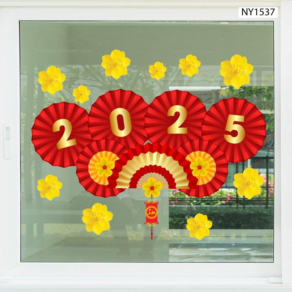 Decal Trang Trí Tết Ất Tỵ 2025 Mẹt Quạt Đỏ Cát Tường