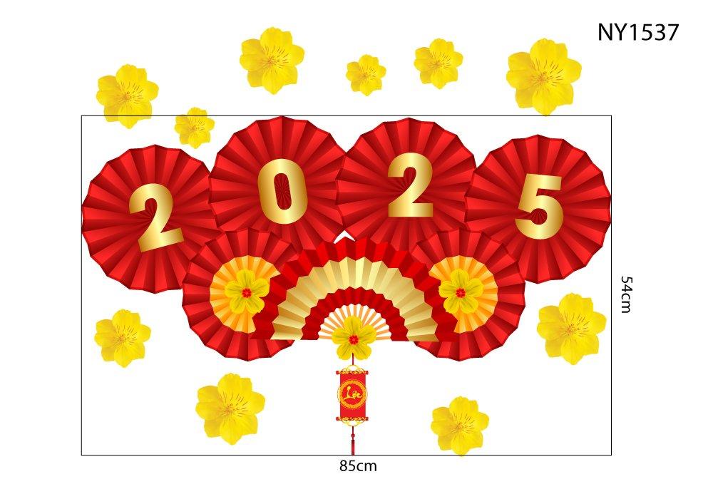Decal Trang Trí Tết Ất Tỵ 2025 Mẹt Quạt Đỏ Cát Tường