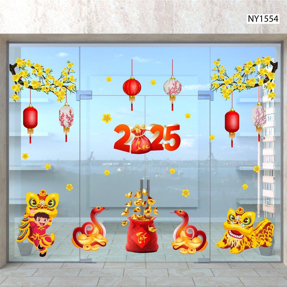 Combo decal trang trí tết múa lân đón xuân Ất Tỵ tài lộc