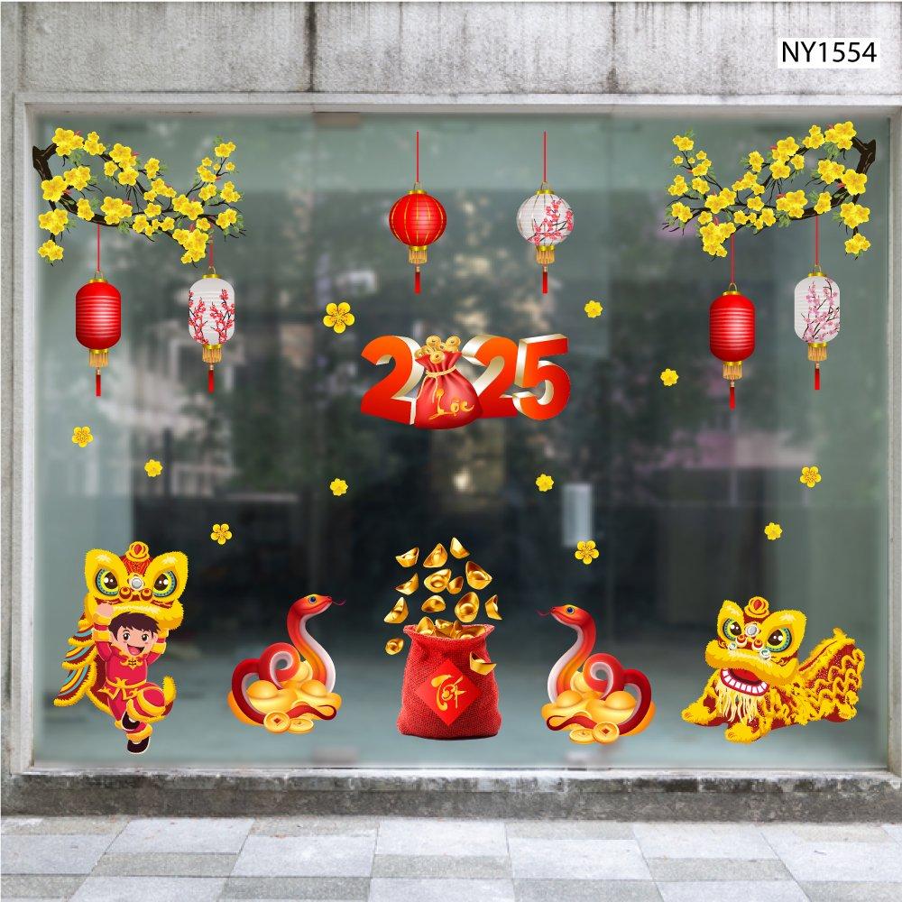 Combo decal trang trí tết múa lân đón xuân Ất Tỵ tài lộc
