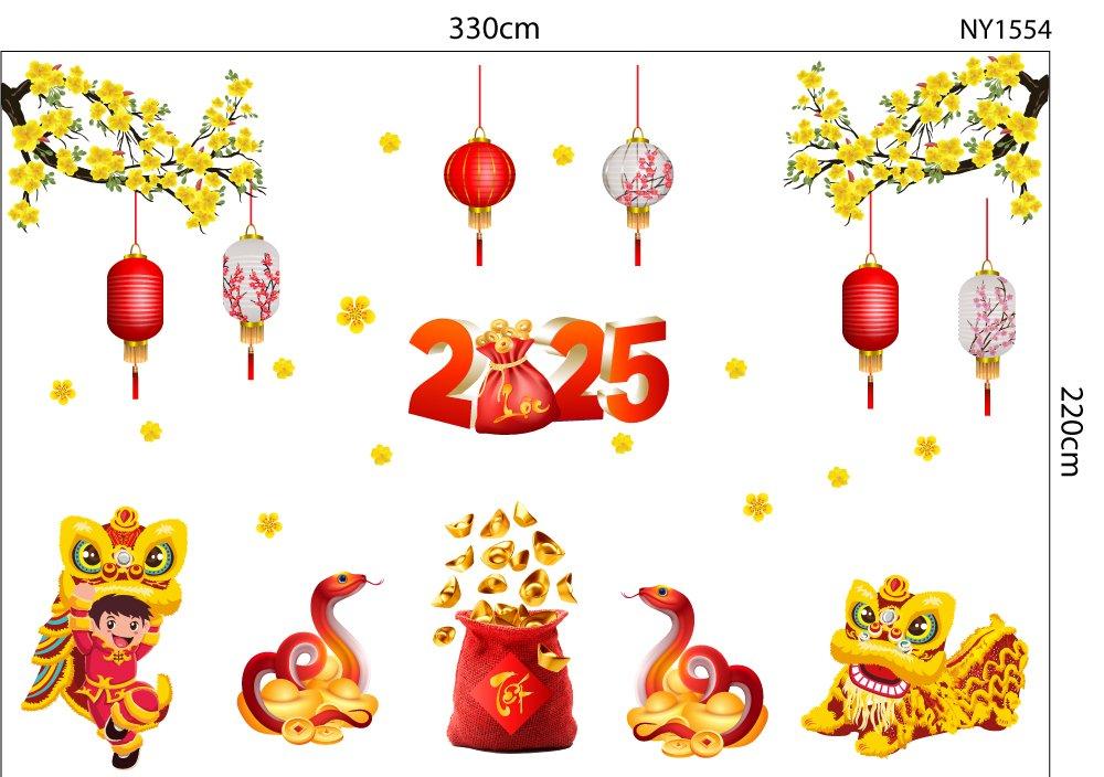 Combo decal trang trí tết múa lân đón xuân Ất Tỵ tài lộc