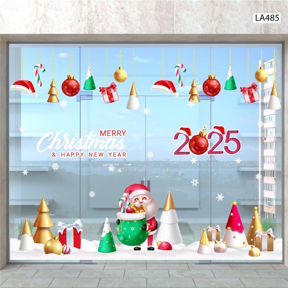 Combo Decal Trang Trí Noel Ông Già Noel Mang Túi Quà Và Những Cây Thông Sắc Màu