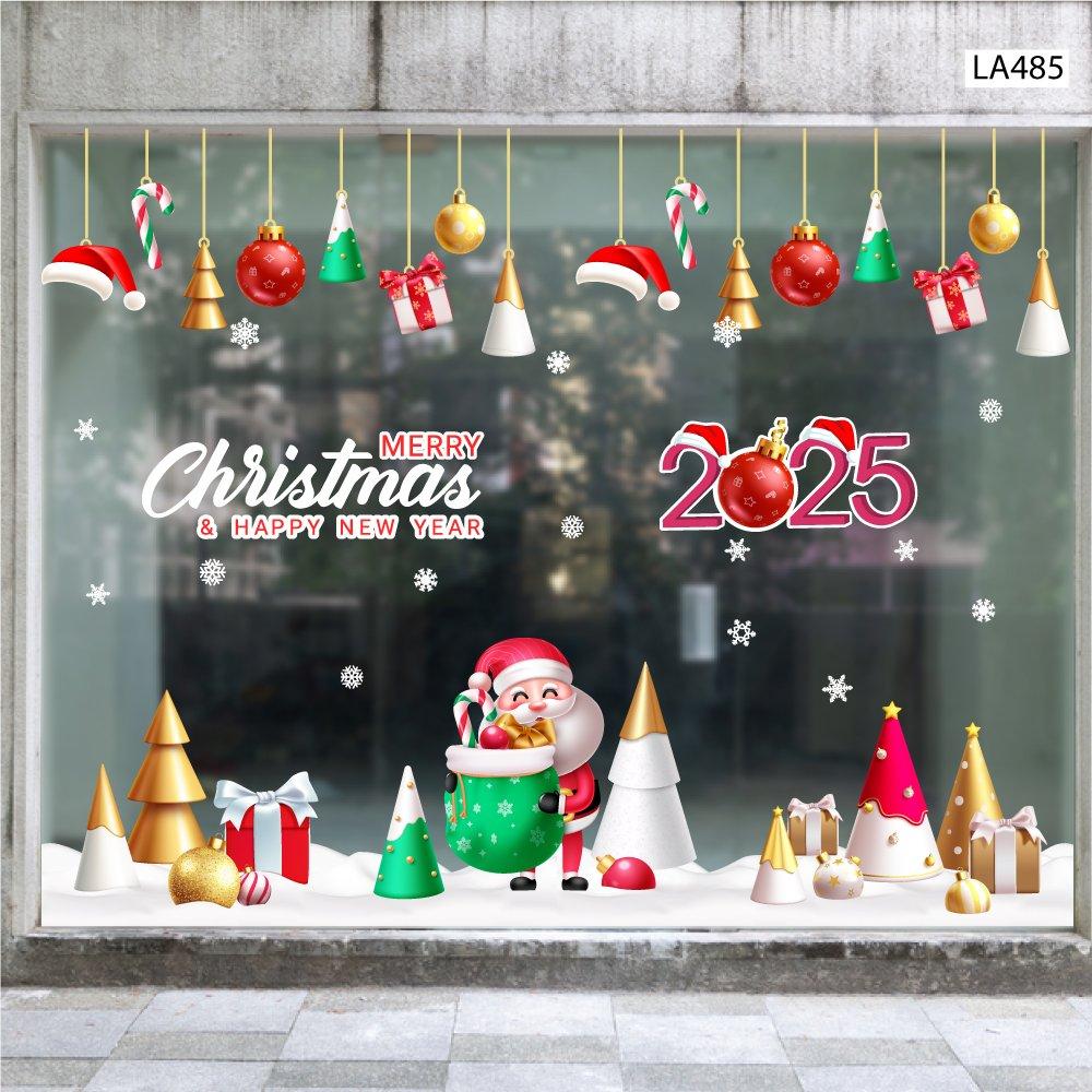 Combo Decal Trang Trí Noel Ông Già Noel Mang Túi Quà Và Những Cây Thông Sắc Màu