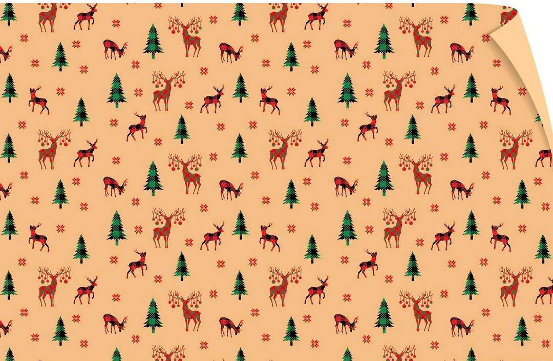 Set 5 Giấy Gói Quà Nền Vàng Hoạ Tiết Tuần Lộc Sừng Hoa Và Cây Thông Xanh