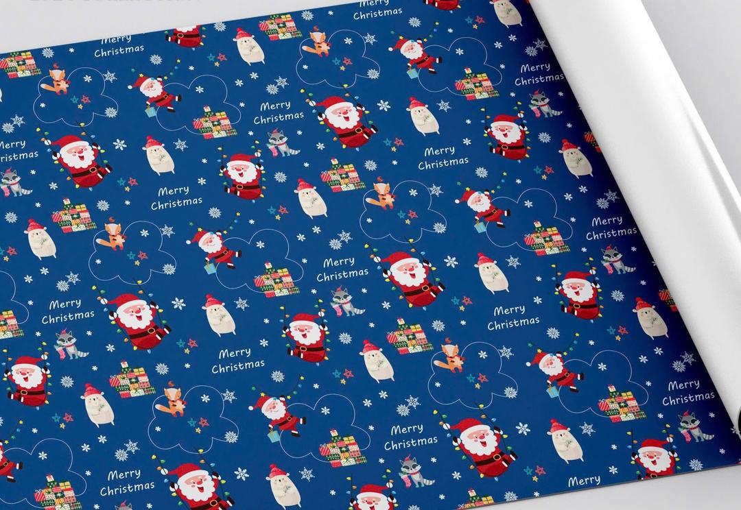 Set 5 Giấy Gói Quà Nền Xanh Dương Hoạ Tiết Ông Già Noel Vui Vẻ Và Những Người Bạn
