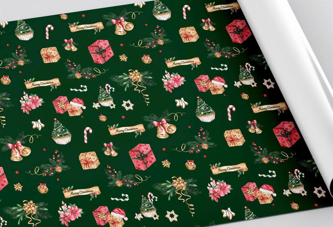 Set 5 Giấy Gói Quà Xanh Lá Đậm Hoạ Tiết Hộp Quà Và Chuông Đôi Xinh Xắn