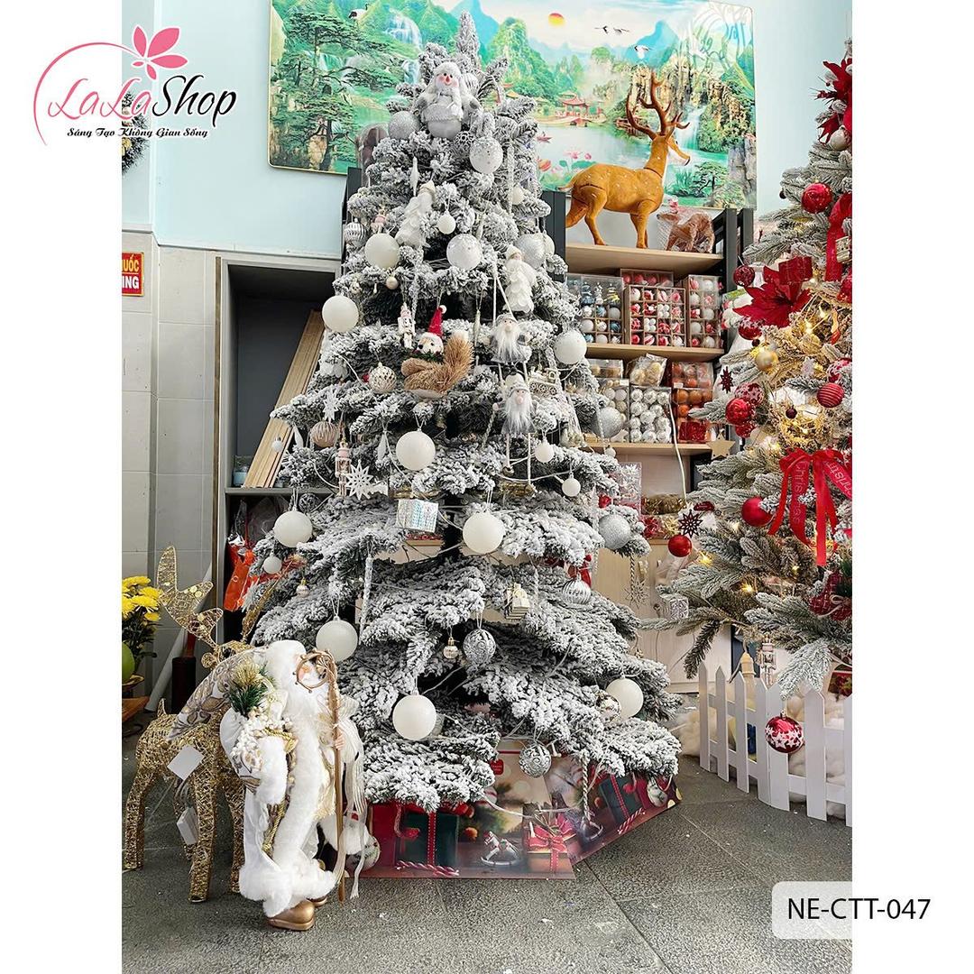 Cây thông PE phủ tuyết cành treo cao 2m full phụ kiện trang trí giáng sinh màu trắng