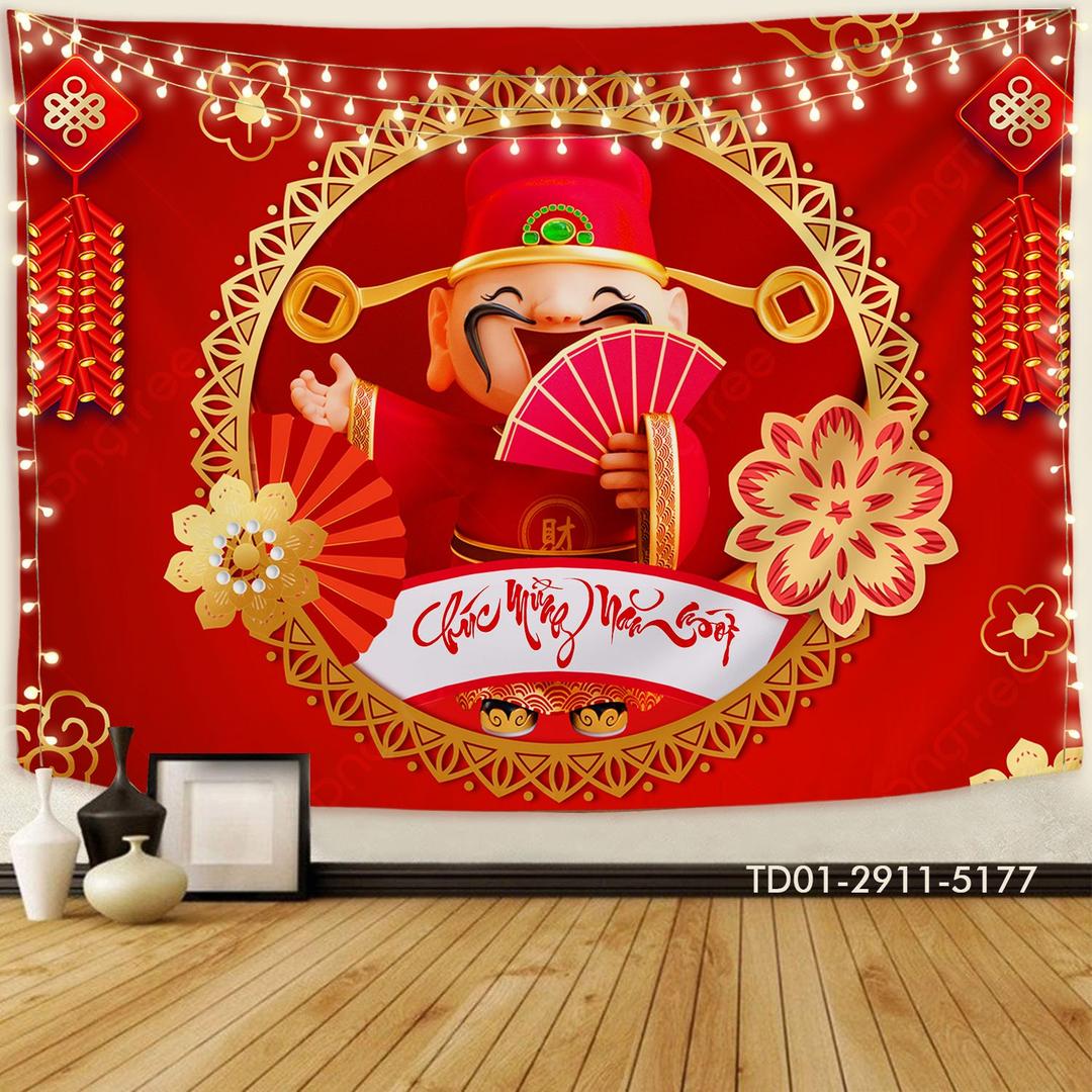 Tranh Vải Treo Tường Trang Trí Tết Chúc Mừng Năm Mới Thần Tài Đón Xuân