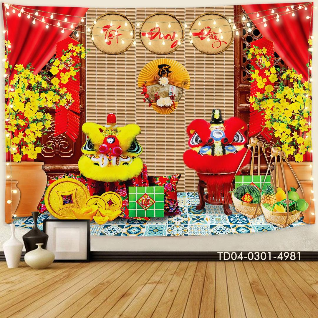 Tranh Vải Treo Tường Trang Trí Tết Tiểu Cảnh Đôi Lân Tài Lộc Vui Đón Tết Đong Đầy