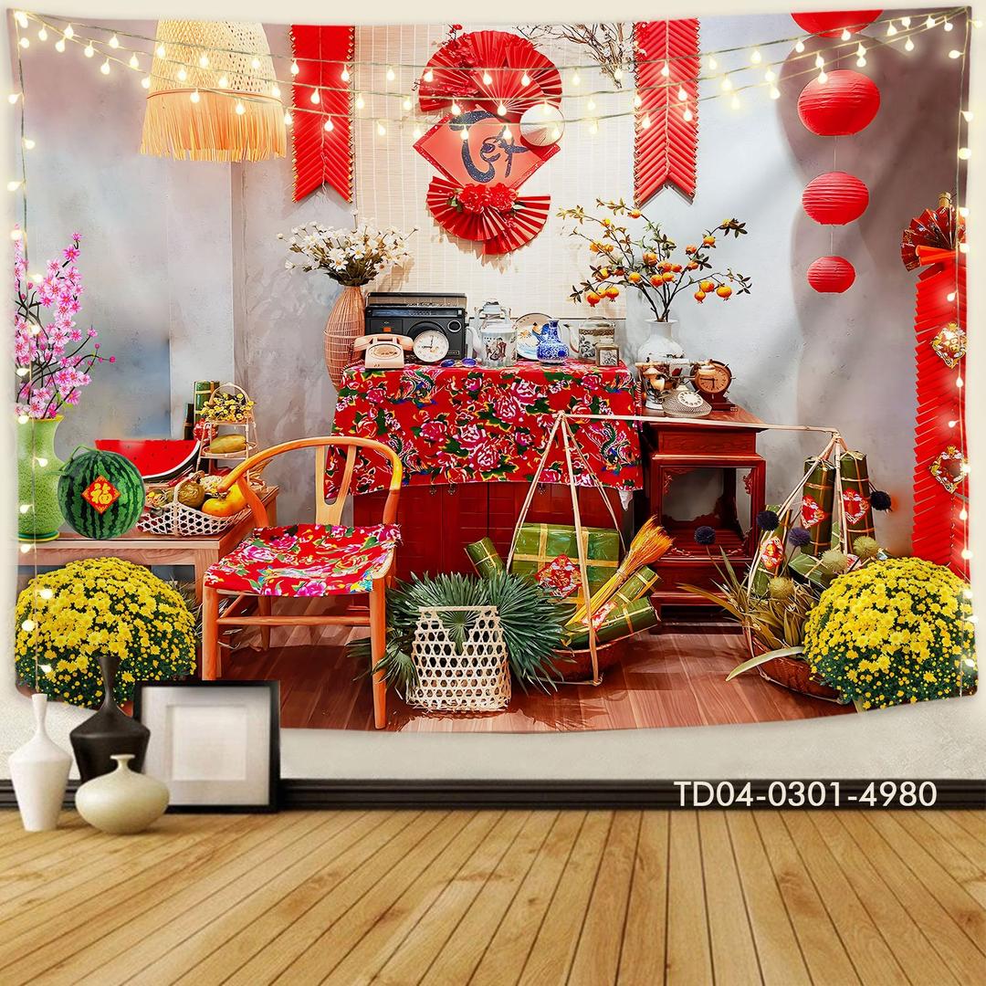 Tranh Vải Treo Tường Trang Trí Tết Tiểu Cảnh Mẹt Tết Đỏ Bên Dưa Hấu Bánh Chưng Xanh