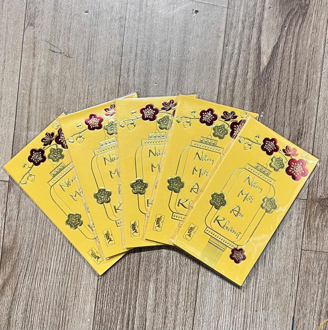 Combo 6 Bao Lì Xì In Nổi 3D Màu Vàng Lồng Đèn Hoa Mai Năm Mới An Khang