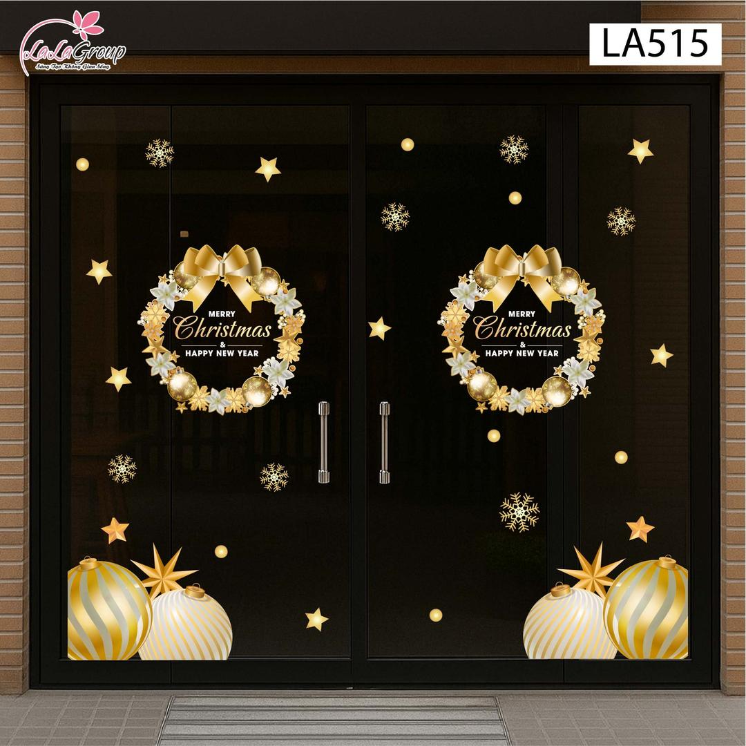 Combo Decal Trang Trí Noel Vòng Nguyệt Quế Và Những Quả Châu Vàng Lấp Lánh