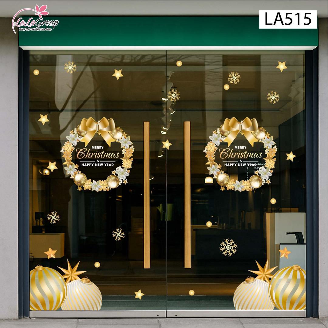 Combo Decal Trang Trí Noel Vòng Nguyệt Quế Và Những Quả Châu Vàng Lấp Lánh