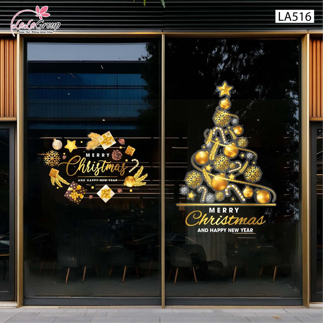 Combo Decal Trang Trí Noel Merry Christmas Và Cây Thông Trang Trí Lung Linh Sắc Vàng