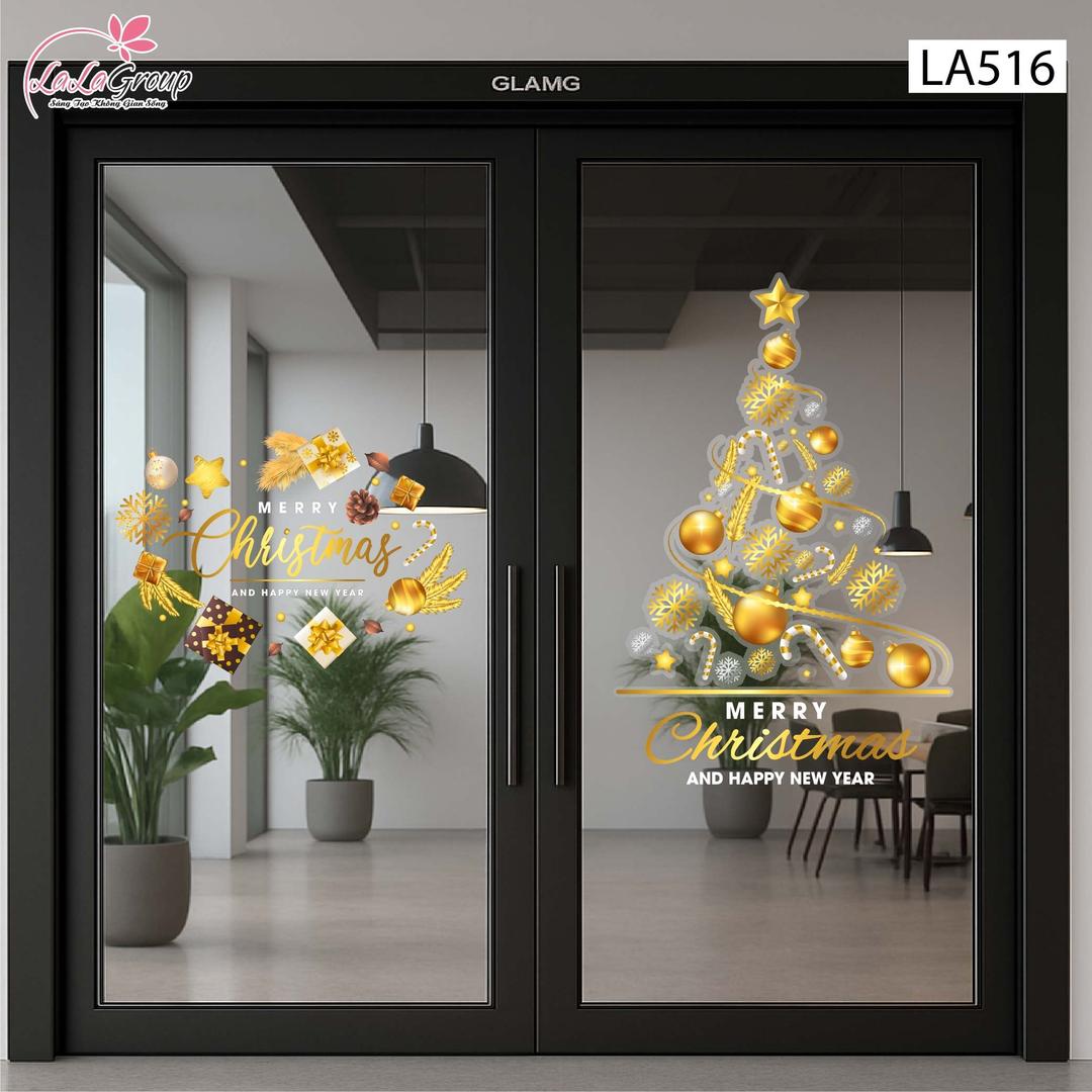 Combo Decal Trang Trí Noel Merry Christmas Và Cây Thông Trang Trí Lung Linh Sắc Vàng