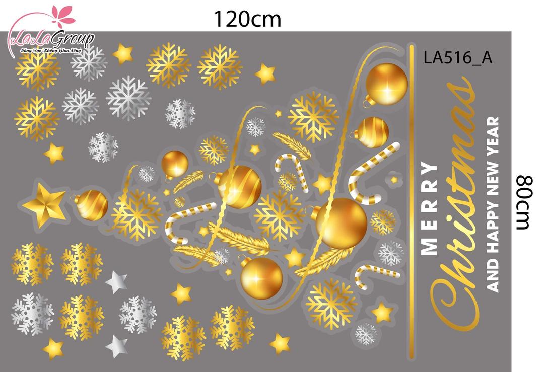 Combo Decal Trang Trí Noel Merry Christmas Và Cây Thông Trang Trí Lung Linh Sắc Vàng