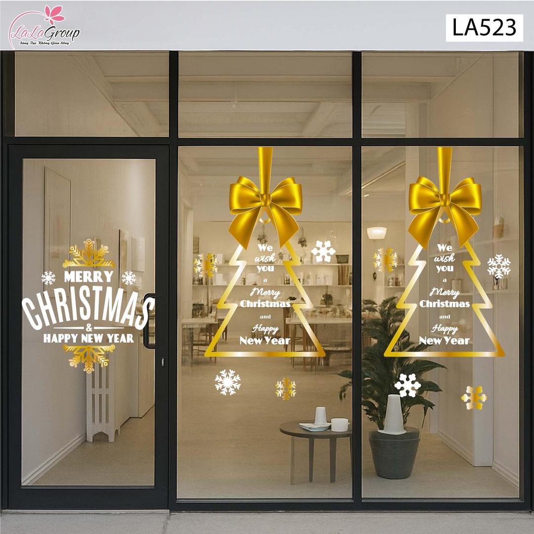 Combo Decal Trang Trí Noel Merry Christmas Và Cây Thông Nơ Vàng