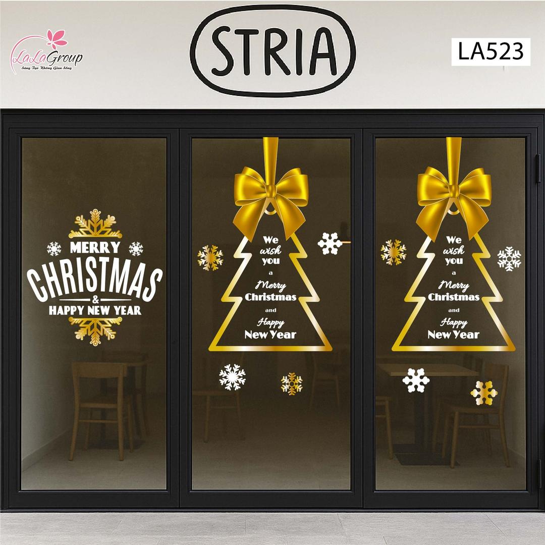 Combo Decal Trang Trí Noel Merry Christmas Và Cây Thông Nơ Vàng