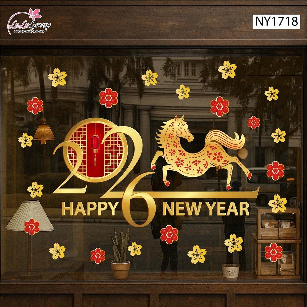 Decal trang trí tết Bính Ngọ và mai vàng tài lộc