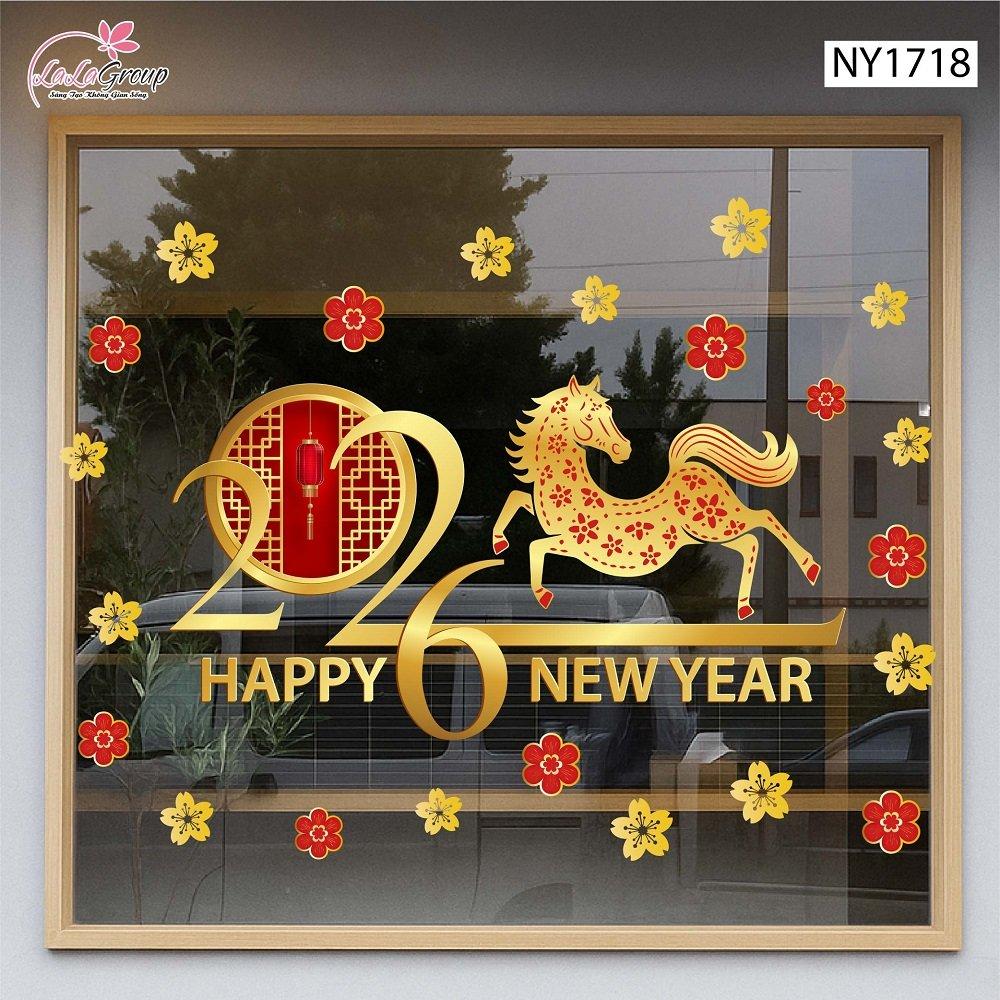 Decal trang trí tết Bính Ngọ và mai vàng tài lộc