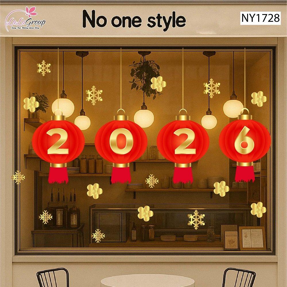 Decal Trang Trí Tết Lồng Đèn May Mắn Và Hoa Mai Vàng 2026