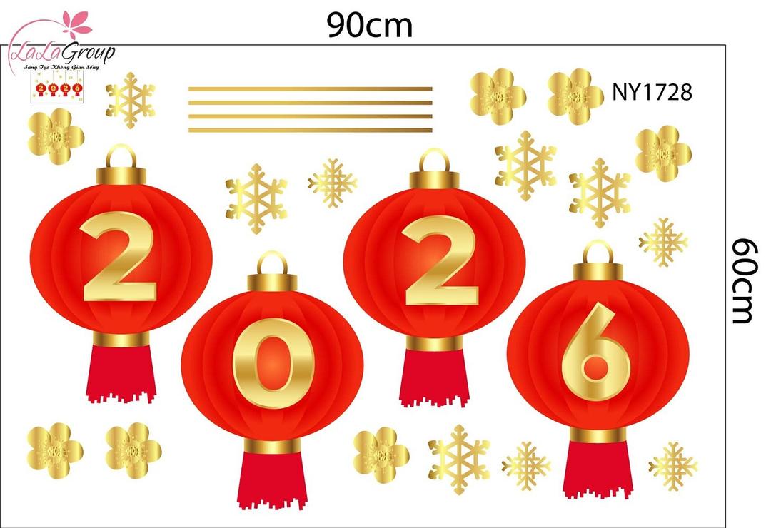 Decal Trang Trí Tết Lồng Đèn May Mắn Và Hoa Mai Vàng 2026