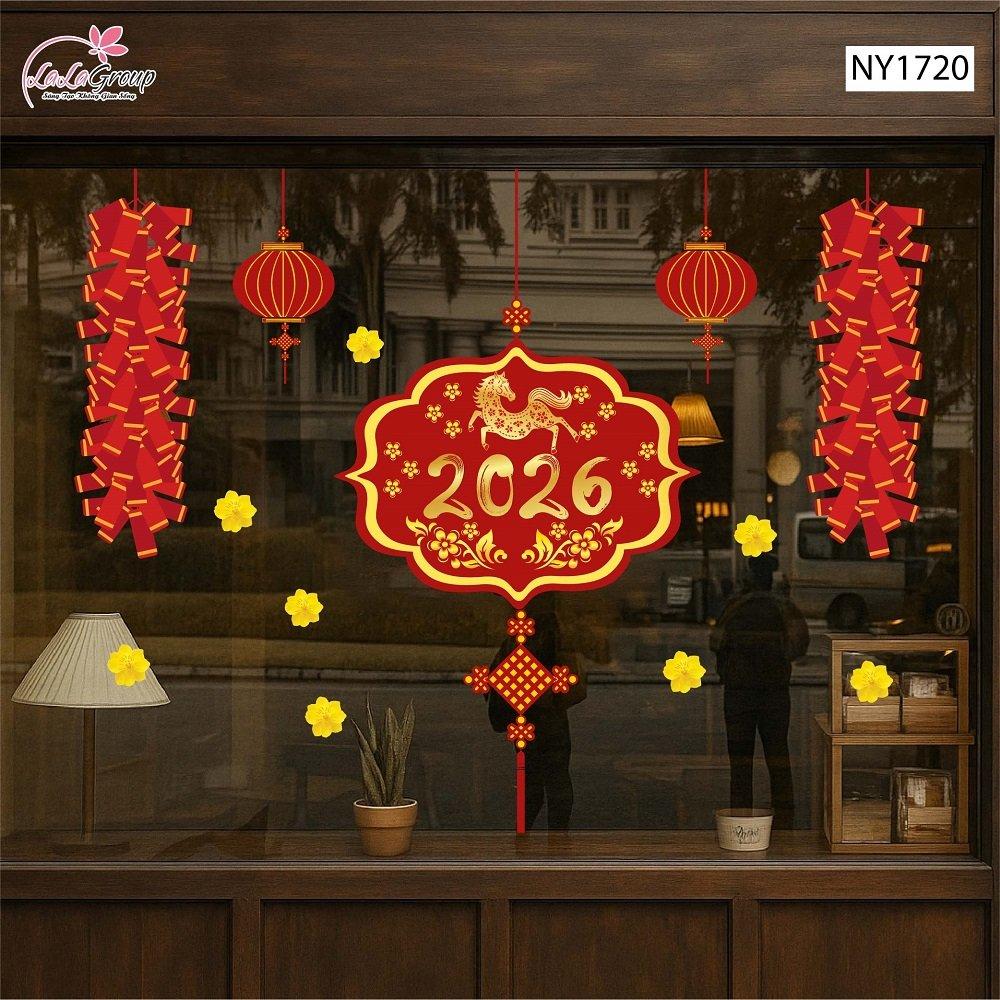 Decal Trang Trí Tết Mừng Xuân Bính Ngọ 2026 Và Pháo Hoa May Mắn