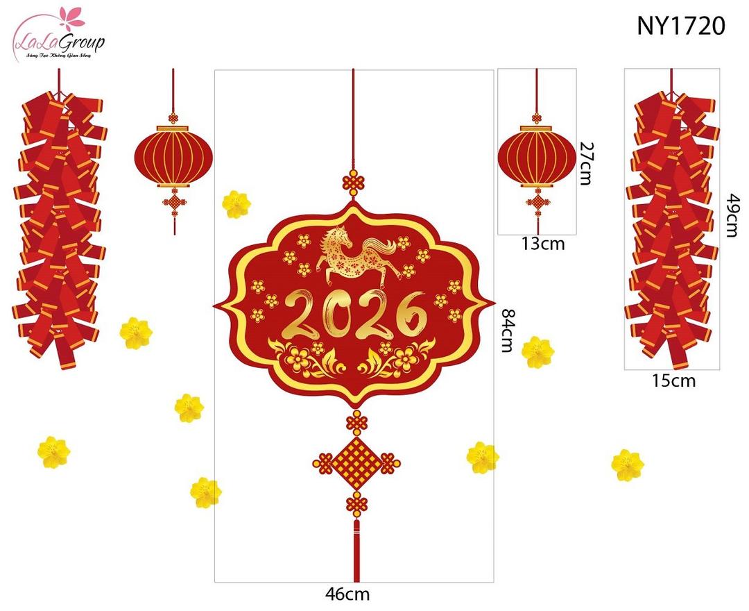 Decal Trang Trí Tết Mừng Xuân Bính Ngọ 2026 Và Pháo Hoa May Mắn