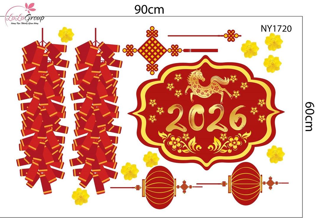 Decal Trang Trí Tết Mừng Xuân Bính Ngọ 2026 Và Pháo Hoa May Mắn