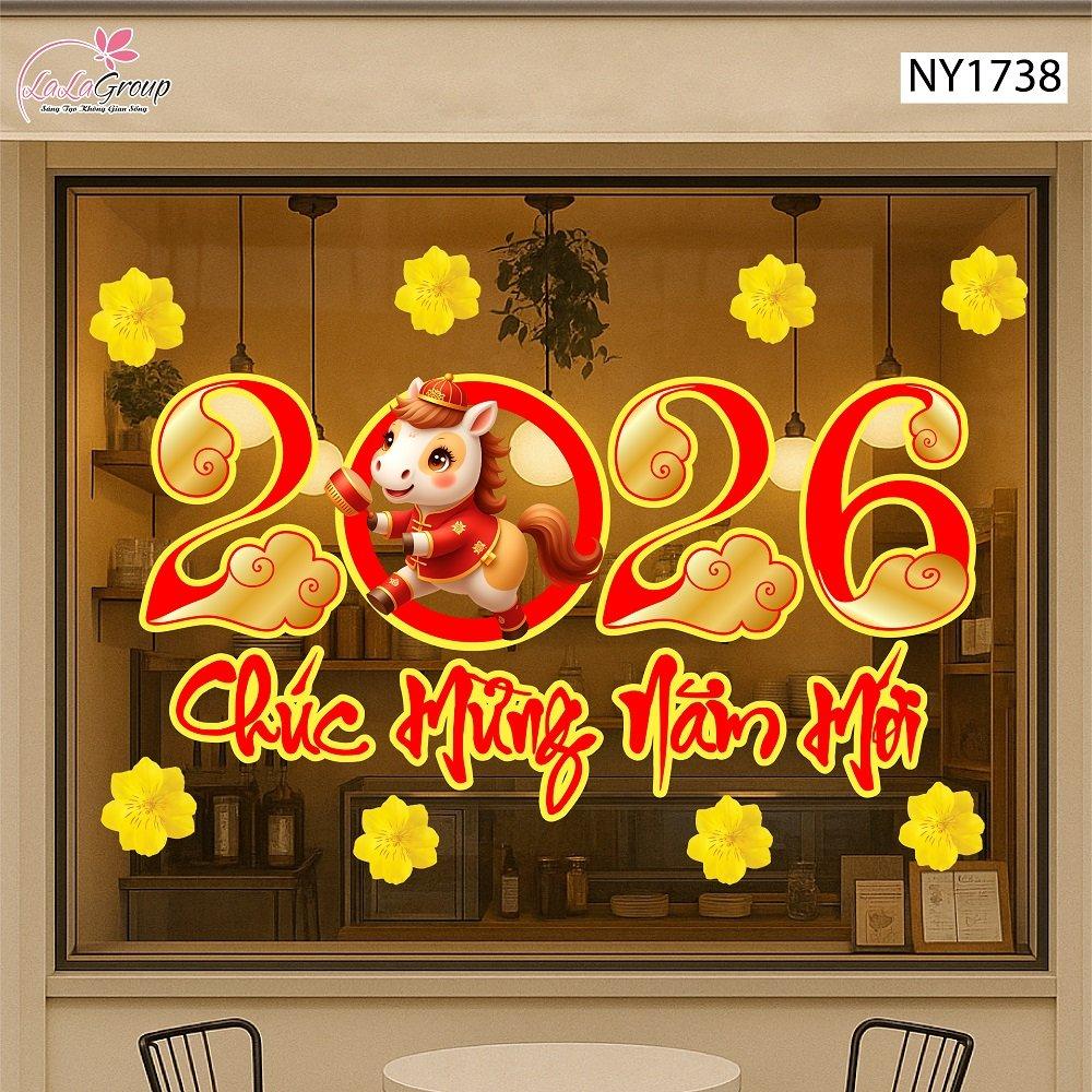Decal Trang Trí Tết Chúc Mừng Năm Mới 2026 Và Mai Vàng