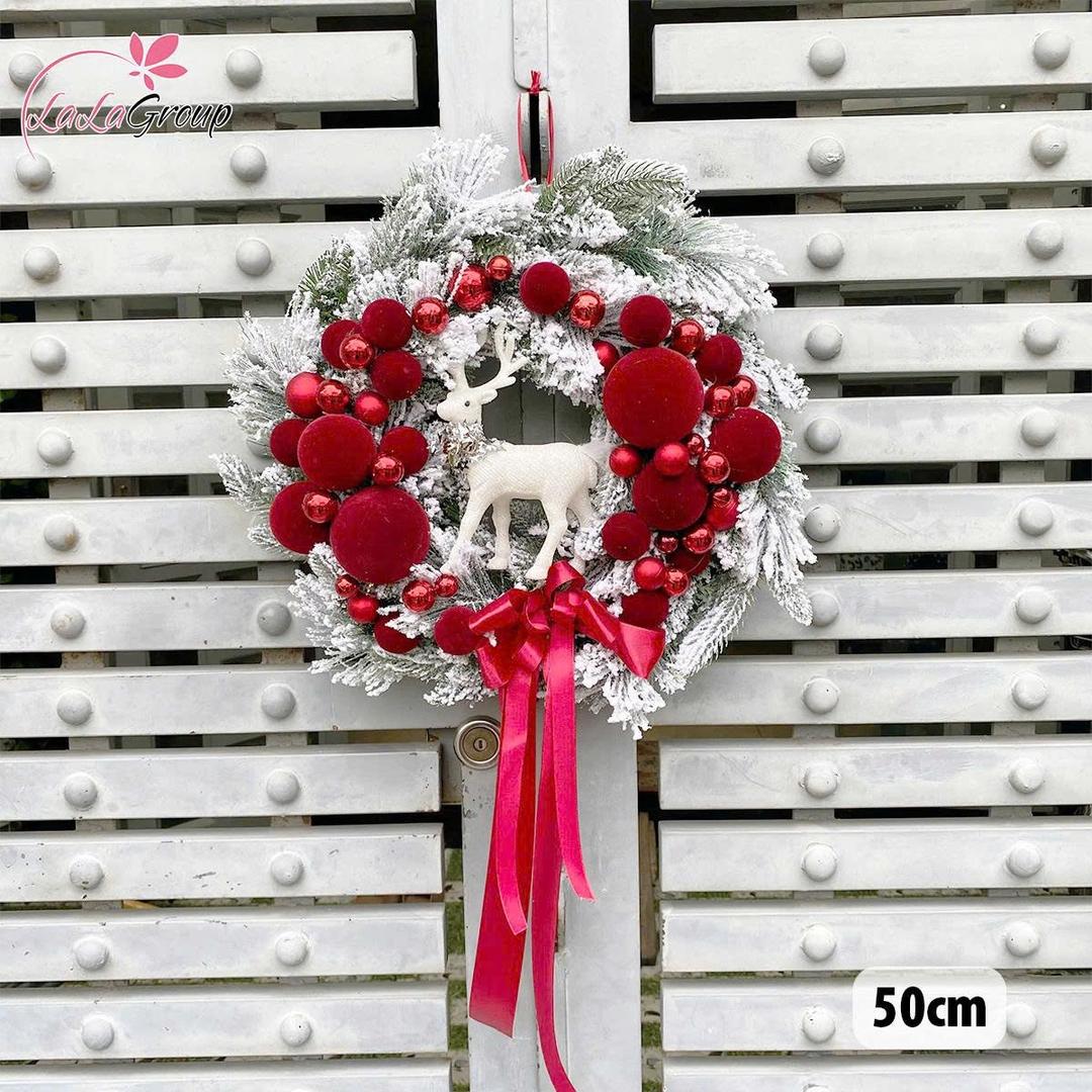 Vòng Nguyệt Quế Noel 50cm Châu Nhung Đỏ Kèm Đèn Led