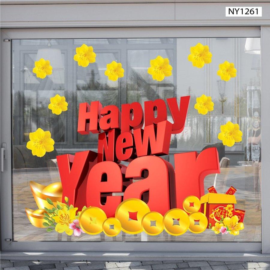 Decal Trang Trí Tết Happy New Year Và Tiền Vàng