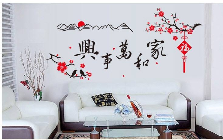 Decal dán tường Mai đỏ đón tết