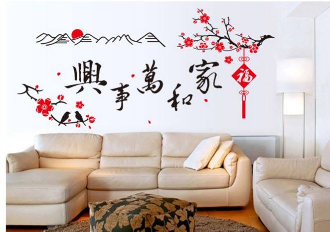 Decal dán tường Mai đỏ đón tết