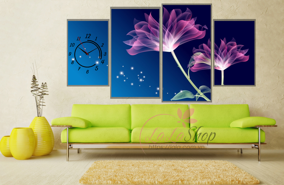 Đồng hồ hoa tím nhiều cánh (2 tấm 40x25cm, 1 tấm 55x30cm, 1 tấm 60x30cm)