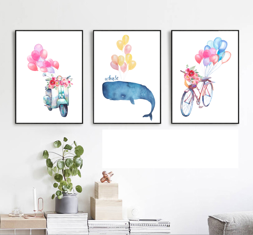 Tranh Treo Tường Bộ 3 Tấm Cá Voi Xanh Và Bong Bóng Sắc Màu